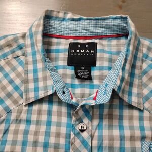 Koman 1974 Shirt Mens XL Blue Gray White Gingham Short Sleeve Button Up Pockets
